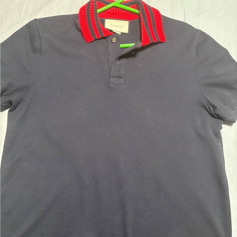 Gucci Men's Polo Shirt in Dark Blue with Red Accents